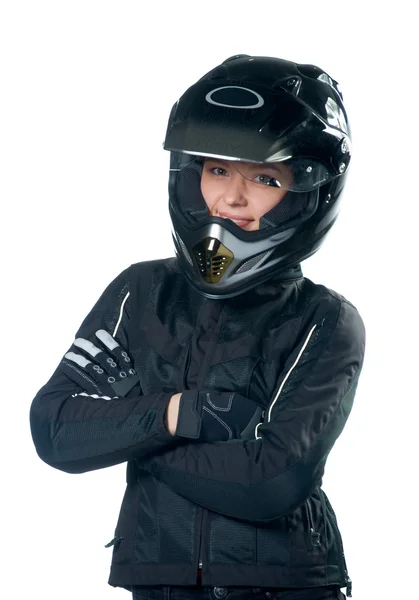 Junge Schönheit Schwarzer Motorradkleidung Und Helm Isoliert Auf Weiß — Stockfoto