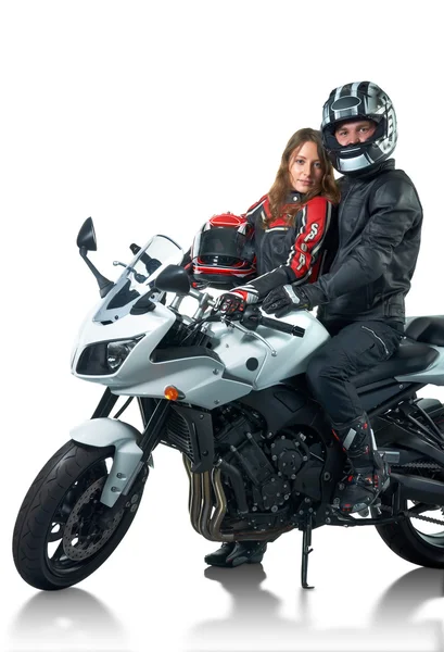 Couple Motards Vestes Cuir Avec Moto Blanche Isolé Sur Blanc — Photo