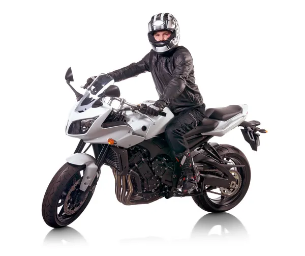 Motociclista Jaqueta Couro Preto Monta Uma Motocicleta Branca Isolado Branco Fotos De Bancos De Imagens
