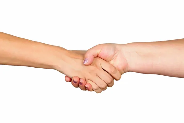 Closeup of women shaking hands on white background — Stock Photo, Image