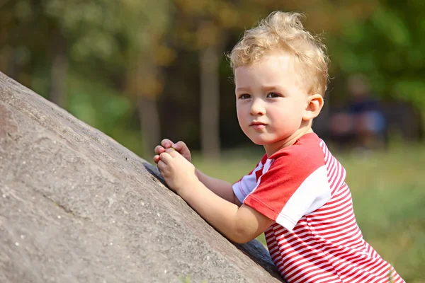 靠在公园里的岩石上的小男孩 — 图库照片