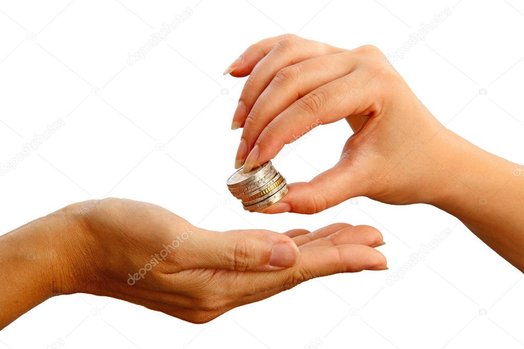 Female giving stack of coins to another person, isolated on the white background