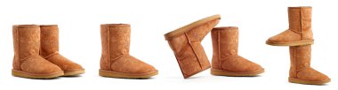 Auburn ugg boots on the white background, the same pair placed differently clipart