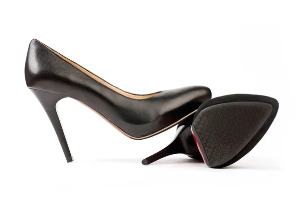 Dois Sapatos Femininos Pretos Camurça Couro Fundo Branco — Fotografia de Stock