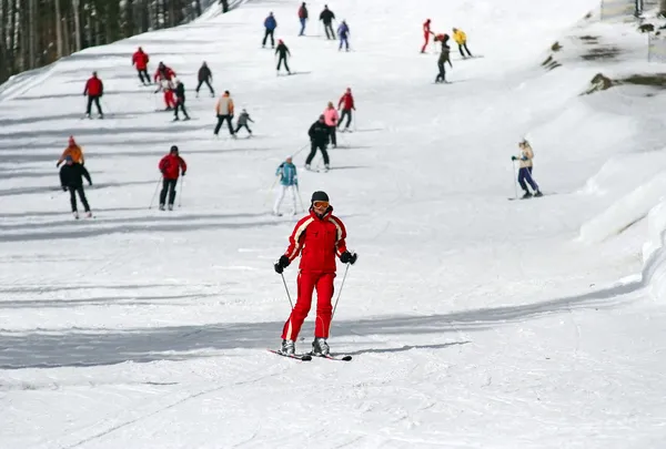 Female skier skiing down a wide track for beginners — Stock Photo, Image