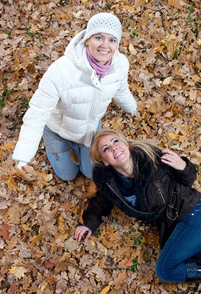 Two Female Friends Having Fun Autumn Park — Stock Photo, Image