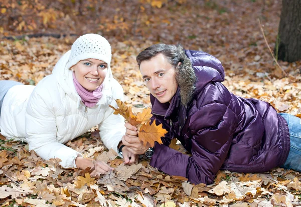Gelukkige Paar Liggen Herfst Bladeren Het Park — Stockfoto