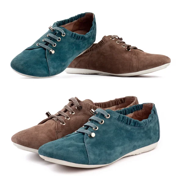 Suede sports shoes, brown and blue-green shoes in odd pairs — Stock Photo, Image