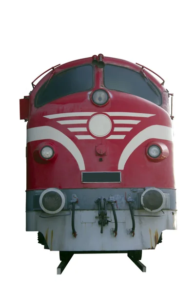 旧柴油发动机在铁轨上前视图 孤立在白 与剪切路径 — 图库照片