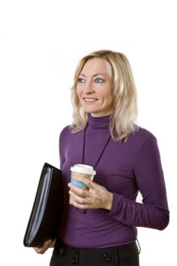 Isolated portrait of attractive business woman with briefcase and coffe mug clipart