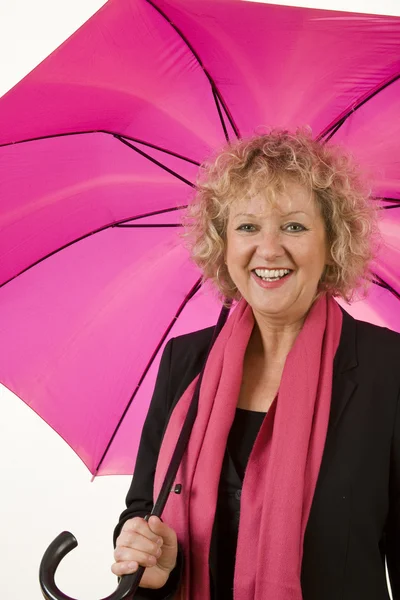 Curly Lady with pink umbrella — Stock Photo, Image