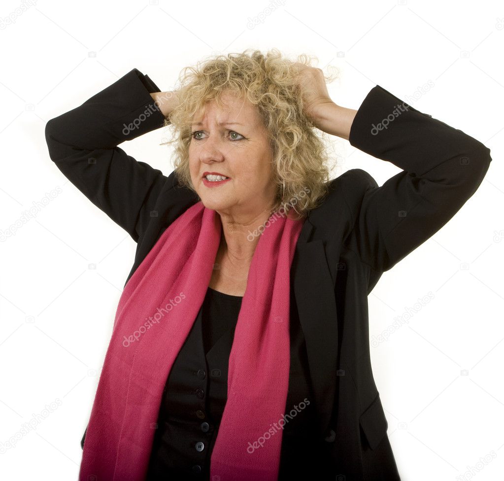 Desperate business lady grabbing head angry