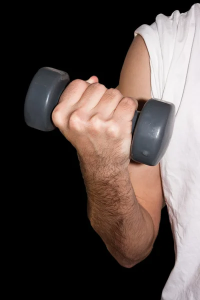 stock image Young men training body sculpture by lifting weights, isolated