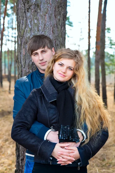 美丽的年轻夫妇，一起在森林中微笑 — 图库照片
