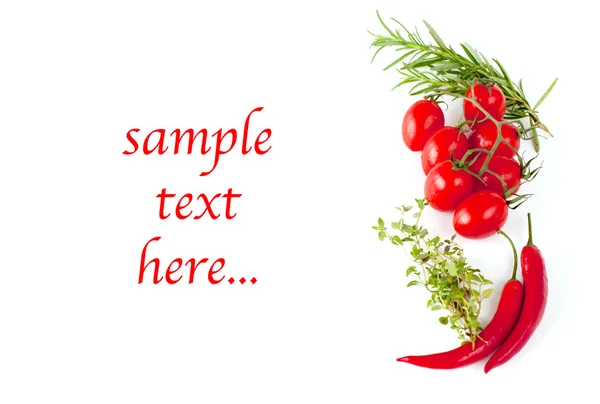 Paradicsom, pepperoni és gyógynövények a példa és a fehér szöveg — 스톡 사진