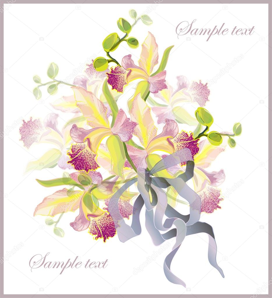 Greeting card with a bouquet of orchids. Beautiful bouquet of garden orchids.