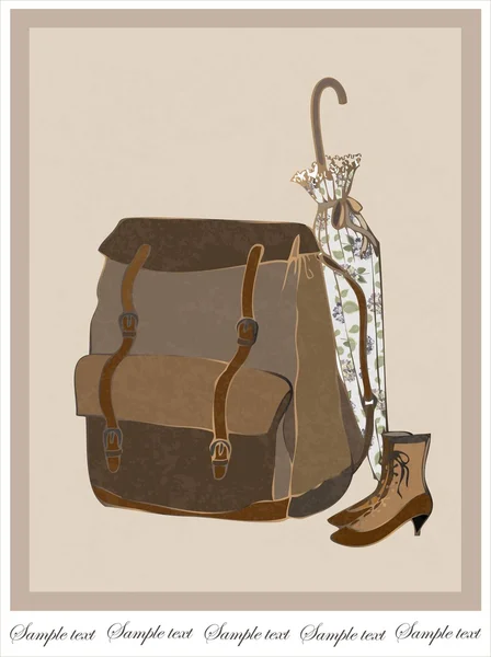 Ilustracja buty vintage, parasol i torba na drodze. — Wektor stockowy