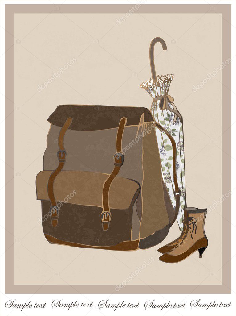 Illustration of vintage boots, umbrella, road bag.