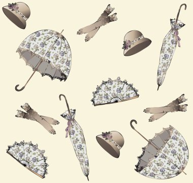 Illustration of vintage umbrella, hat, fan, glove. clipart