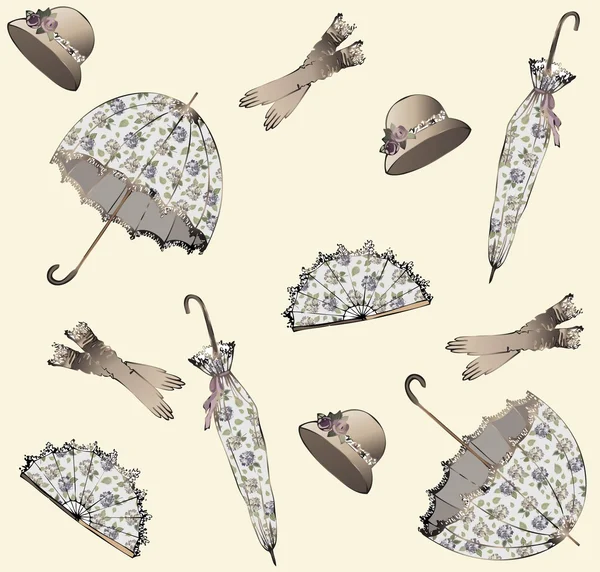 Illusztráció: vintage esernyő, kalap, ventilátor, kesztyű. — Stock Vector