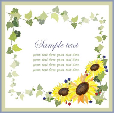 Beautiful decorative framework with a sunflower and blackberry,wild strawberry,ivy. clipart