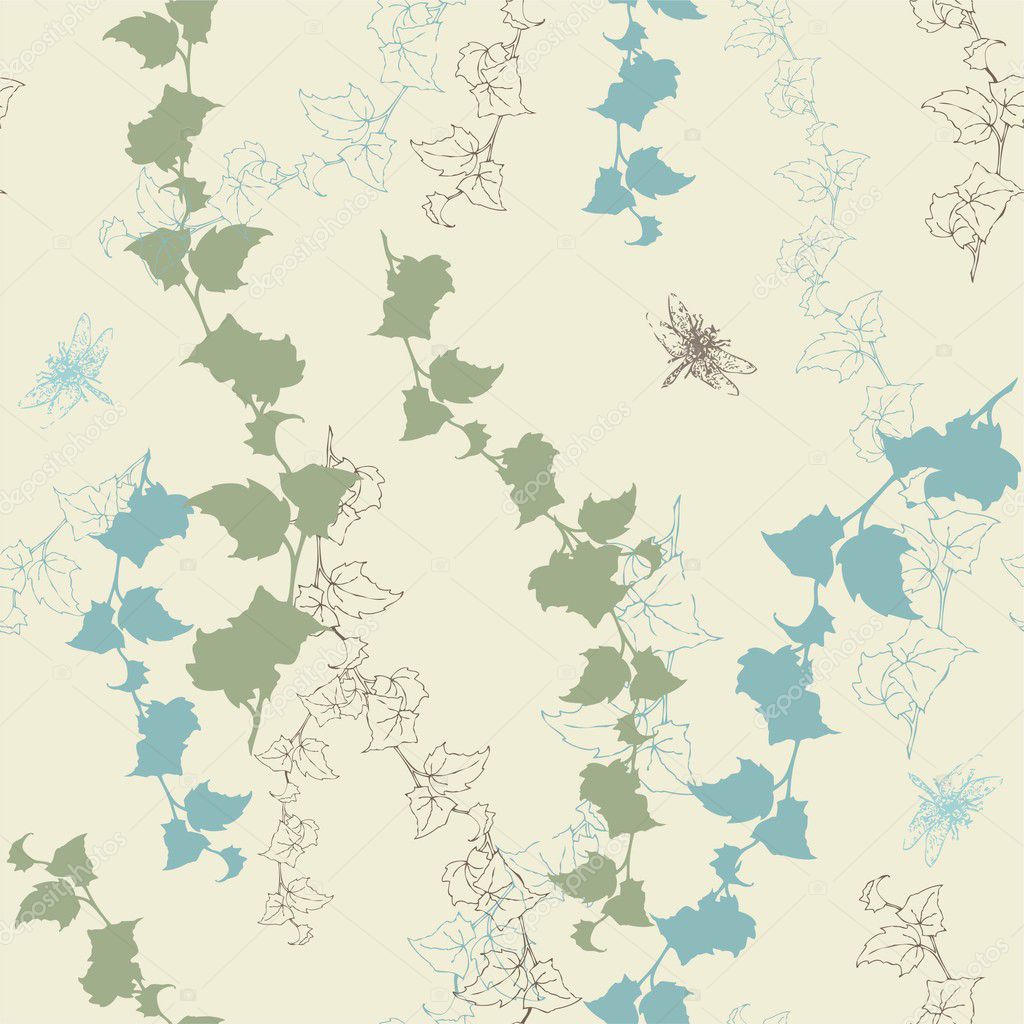 Seamless background with ivy and dragonflies.