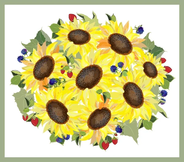 Vintage Postkarte mit Sonnenblume und Brombeere, Walderdbeere. — Stockvektor