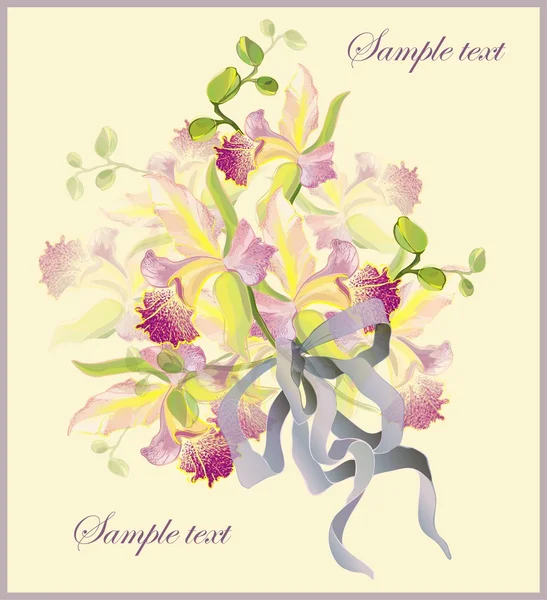 蘭の花の花束とグリーティング カード。庭蘭の花の美しい花束 — ストックベクタ