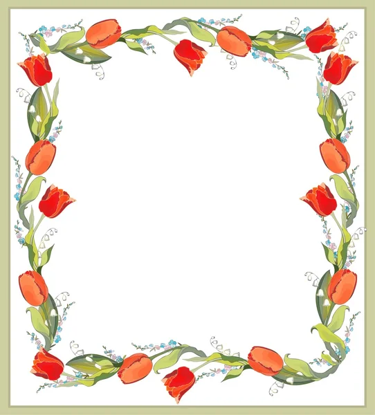 Schöner dekorativer Rahmen mit Tulpen, Maiglöckchen und Vergissmeinnicht — Stockvektor