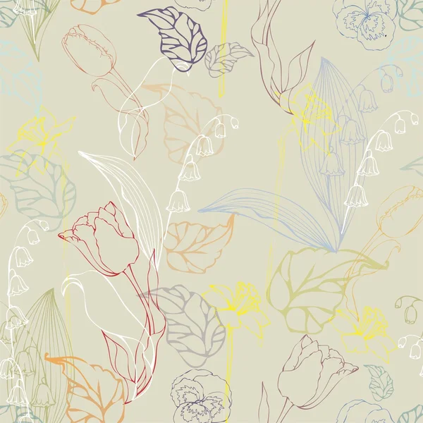 Fond sans couture Illustration rose, tulipe, lis de la vallée, jonquille, p — Image vectorielle