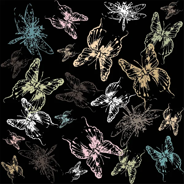 Nahtloser Hintergrund mit dem Bild einer Libelle und Schmetterlingen. — Stockvektor