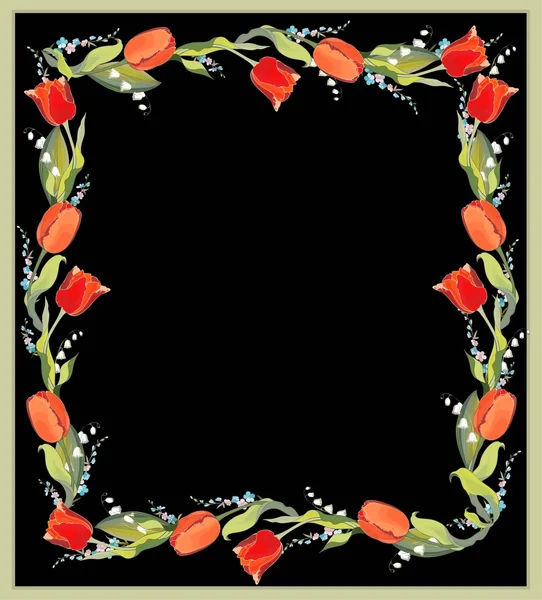 Lale, lily vadi ve unut-m ile güzel dekoratif çerçeve — Stok Vektör