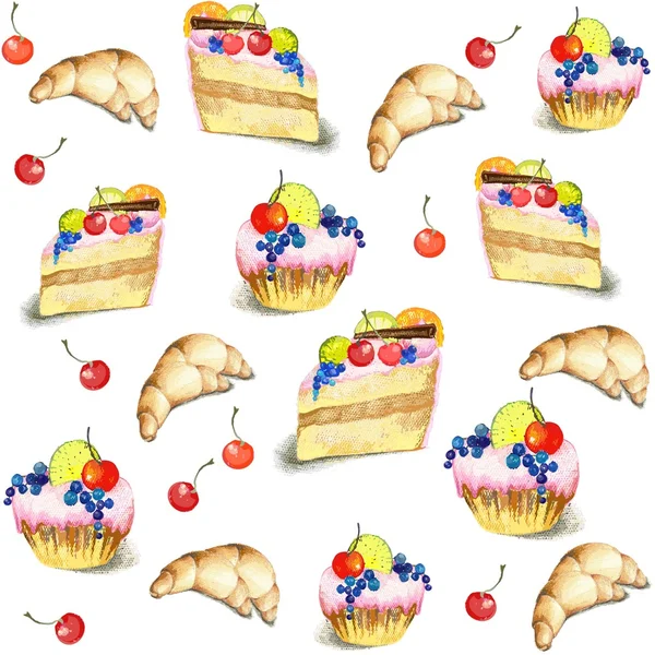 Fondo sin fisuras. Ilustraciones de la torta y el croissant . — Vector de stock