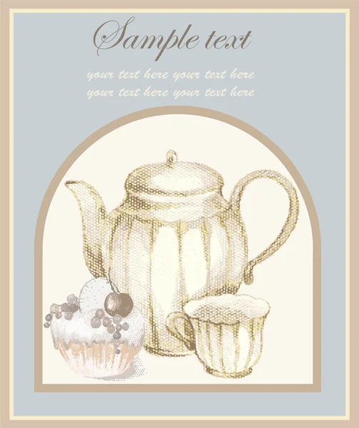 Illustraties van de koffiepot en cake en cup. menu. — Stockvector