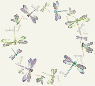 Beautiful decorative framework with dragonfly.Greeting card with dragonfly. clipart