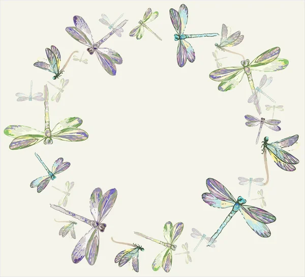 Beau cadre décoratif avec dragonfly.Greeting carte avec libellule . — Image vectorielle