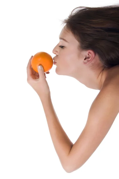 Mujer Busca Naranja Que Sostiene Mano Sobre Fondo Blanco —  Fotos de Stock