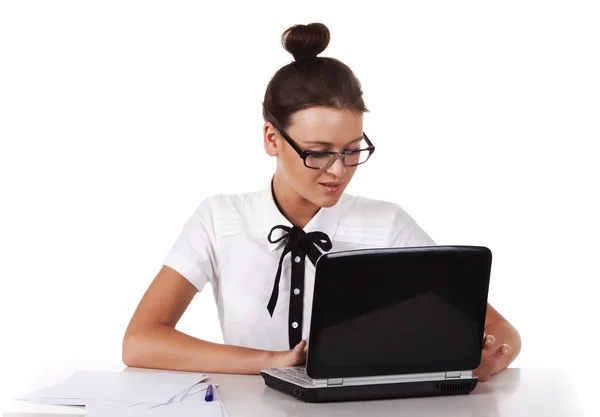 Woman Glasses Sits Working Laptop Series Office Work — Stock Photo, Image