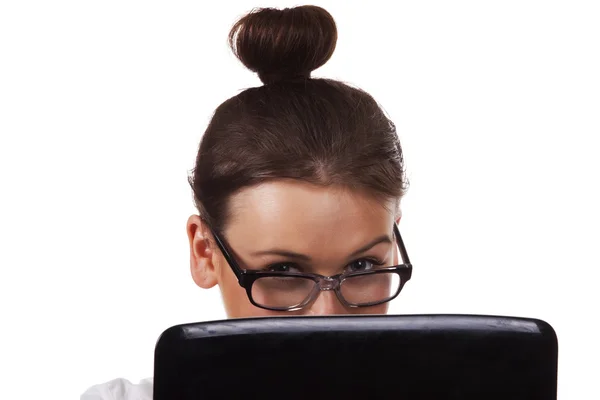 Szemüveg Dolgozik Laptop Egy Sor Irodai Munka — Stock Fotó