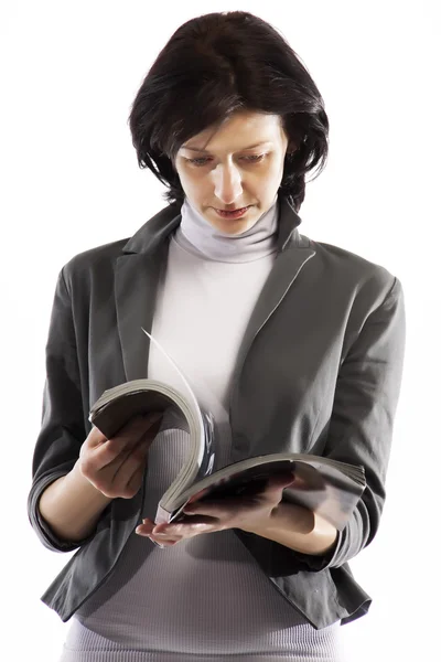 Woman Reading Glossy Magazine Isolated White Background — Stock Photo, Image