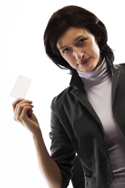 Uma Mulher Segura Suas Mãos Mostra Cartão Visita Isolado — Fotografia de Stock