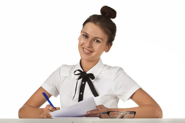 Brunette Sitting Table Working Documents Friendly Smile Series Friendly Office — Stock Photo, Image