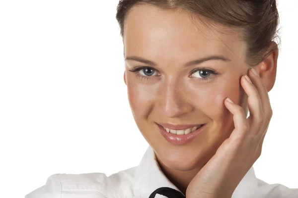 Portrait Friendly Smiling Woman Brunette Isolated Image White Background — Stock Photo, Image