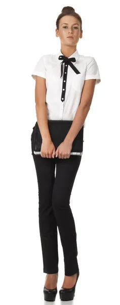 Girl Office Attire Stands Holds Laptop Computer Isolated Image White — Stock Photo, Image