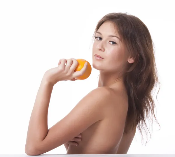 Γυναίκα Μια Πορτοκαλί Φρούτα Απομονωμένο Εικόνα — Φωτογραφία Αρχείου