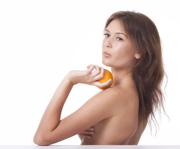 Kvinnan Med Orange Frukt Isolerade Bilden — Stockfoto