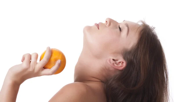 Kvinnan Med Orange Frukt Isolerade Bilden — Stockfoto