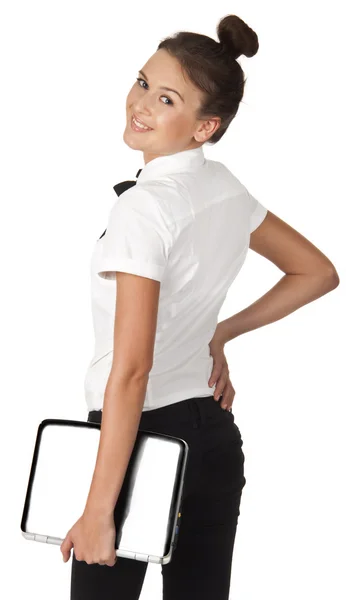 Young Woman Holding Portable Computer Turned Isolated White Background — Stock Photo, Image
