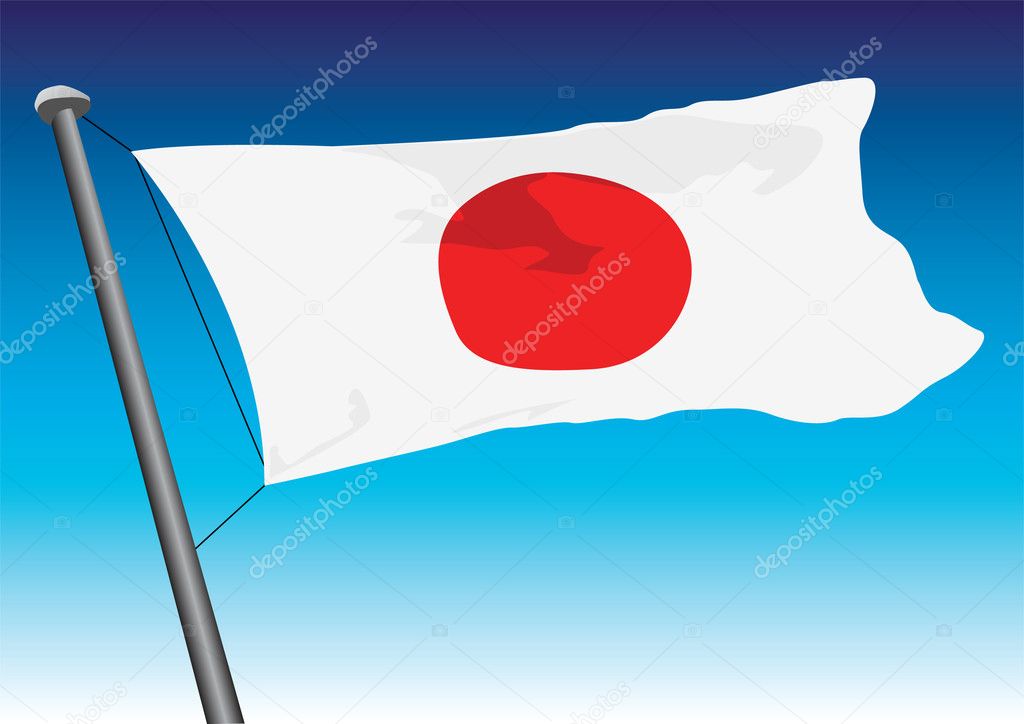 Waved Japan flag. Japanese flag on flagpole. Vector emblem of