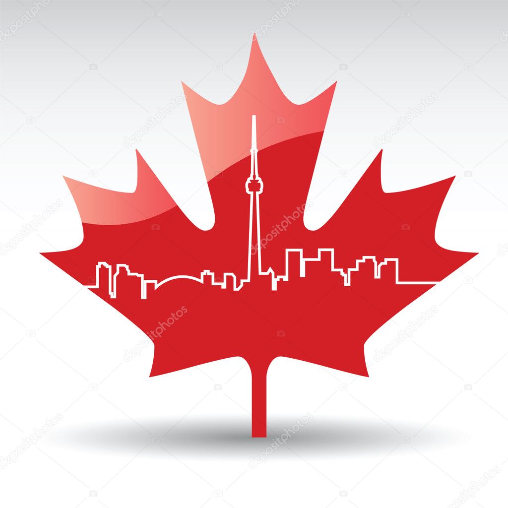 Vector cityscape of toronto on a maple leaf